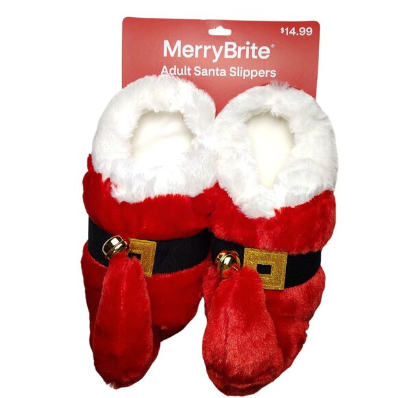 MerryBrite Adult Size M (7-8) Red Plush Santa Slippers With Jingle Bells Holiday - Picture 4 of 6